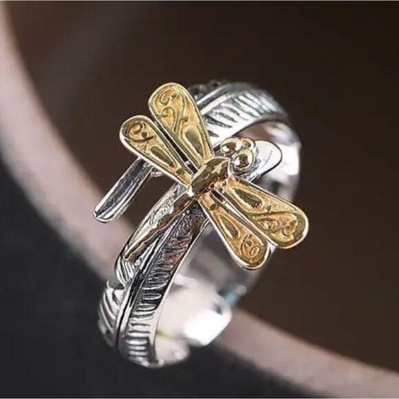 Silver and Gold Tone Open Dragonfly Ring - Picture 1 of 12